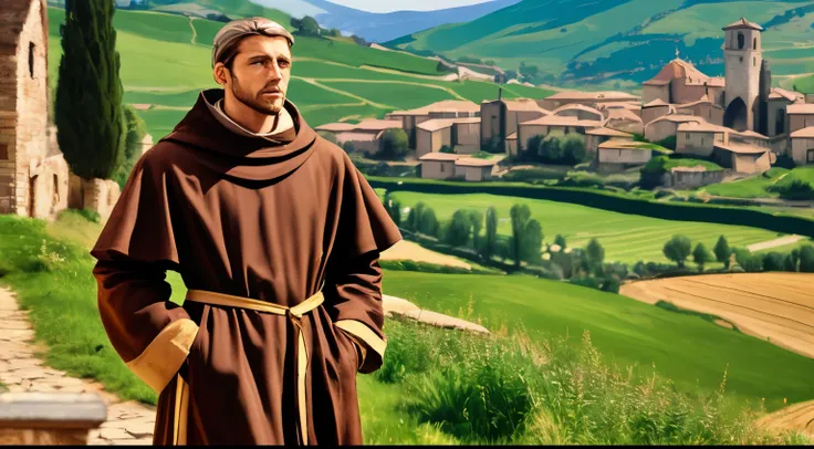 chiseled man in monk&#39;s clothing standing on a path in a rural area, inspirado por Francisco Helps, vestindo vestes marrons, monge, inspirado em Tommaso Masaccio, inspirado em Duccio, por Francisco Helps, inspirado em John F. Francisco, inspirado em Agn...