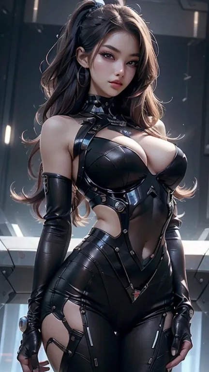 Beautiful cybernetic woman looking at camera, Underwear, Muscle Details, Realistic, Very detailed face and eyes., masterpiece