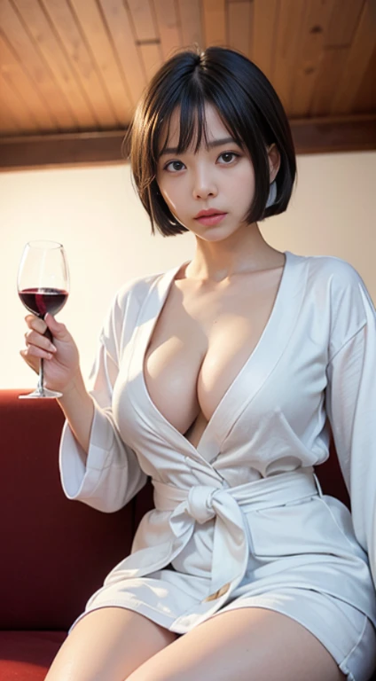 (masutepiece, Best Quality:1.4), Beautiful face, 8K, 85 mm, absurderes, ((Dark bedroom in the hotel))、(Wearing a thick white bathrobe:1.4), ((cowboy  shot:1.5))、((Shot from below:1.4))、((udder of medium size、cleavage of the breast:1.4))、violaceaess, garden...