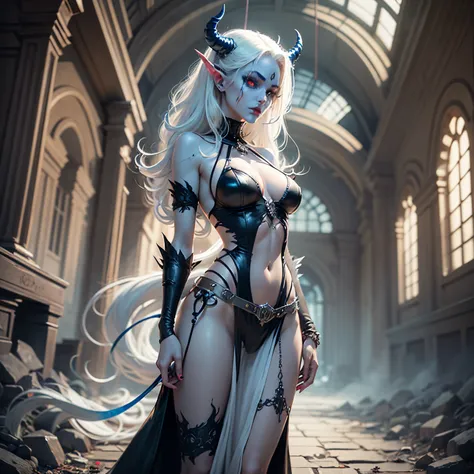 a female demonologist with blue skin, white hair and white eyes holds a leash with a demon in her hands --auto --s2