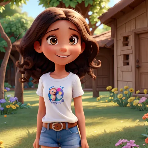 inspiret bye pixar animed. happy and innocent girl, morena, cabelo cacheado e longo, cabelo escuro. olhos grandes, expressivos, ...