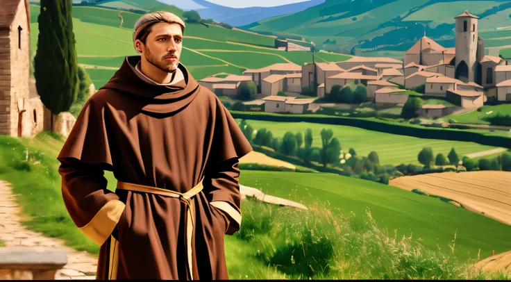 homem cinzelado em monge&#39;clothes standing on a path in a rural area, inspirado em Francisco Helps, vestindo vestes marrons, monge, inspirado em Tommaso Masaccio, inspirado em Duccio, por Francisco Helps, inspirado em John F. Francisco, inspirado em Agn...