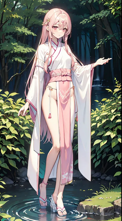 Shy old pretty girl standing by stream in woods，Wearing a pink antique bellyband and shawl，thong robe，sexy for, Cute and well-behaved，elongated, Slender white legs，The body proportions are perfect, long slim figure, Full body photo，Perspective ethnic fashi...