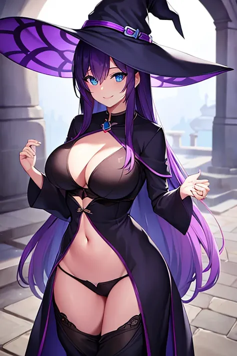 Breasts, witch, purple hair, blue eyes, long hair, witch hat, shadows, darkness, dark, magic, smile, shirt, pants, wide hips