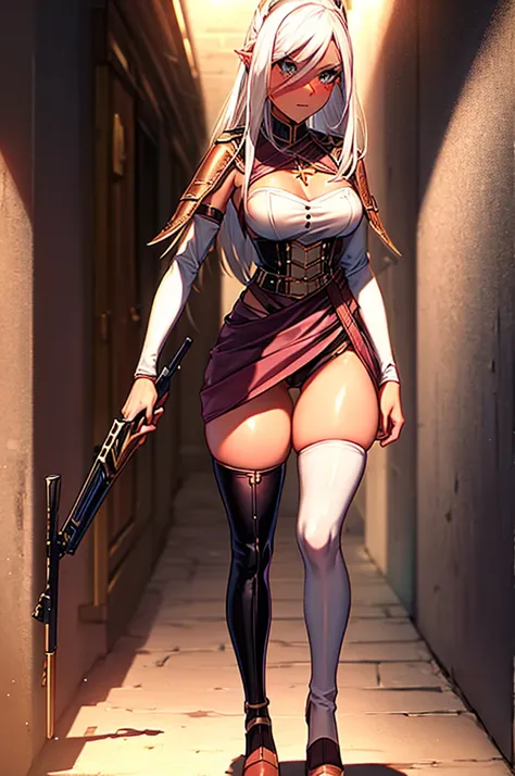 best quality, female, blushing, freckles, white hair, ((oiled skin)), (((adventurer clothing))), ((dungeon corridor)), skinny, (((1girl))), ((facing viewer)), (((thigh highs))), ((tiny breasts)), skirt,32K, 8K, (In the chest:1.2), ((Opening legs)), ​master...