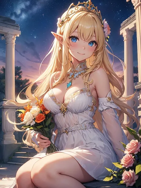 top-quality、Top image quality、​masterpiece、Elven Beauty、smiling while holding a bouquet of roses((24 year old、Best Bust、big bast、Bust 90,Beautiful blue eyes、,Blonde long hair、A slender、a closeup、Esbian、beautiful tiara、hiquality、Beautiful Art、Background wit...