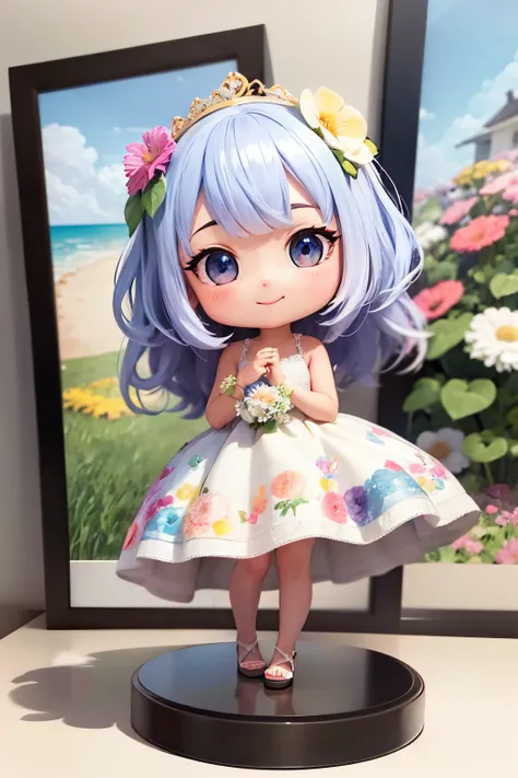 photoRealstic、Nendroids in wedding dress standing in front of the painting、A smile、watercolor Nendoroid、(High Definition Figure)、Flowing iridescent silk、up of face、Eye Up、Colorcon with heart pattern、Floral dress、There are also flowers in front of the nendr...