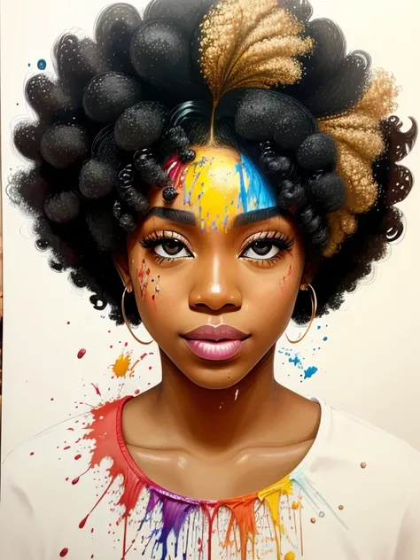 colored pencil drawing of a beautiful afro woman&#39;s face with paint splashed over it and drops of paint falling --ar 4:5 --s 500