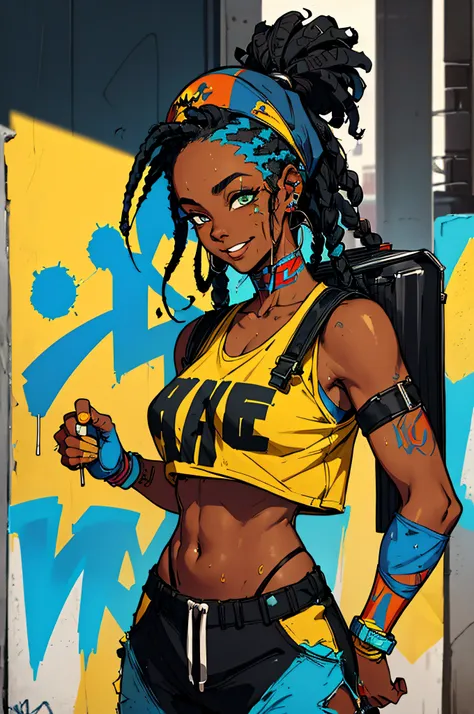 a black girl graffiti artist, dj, music, black and blue hair dreads, music urban, snapback hat, vigilante, vibrant fan art, back...