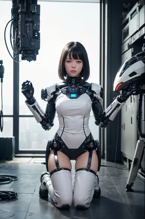 (photorealistic:1.4), (RAW photo) (RAW photo) (8K, 4K, Best Quality, hight resolution, 超A high resolution:1.1), (masutepiece, Realistic, Photorealsitic:1.1), 1girl in, Japaese Cyborg Girl,Plump , White boots,announcer,control panels,android,Droid,Mechanica...