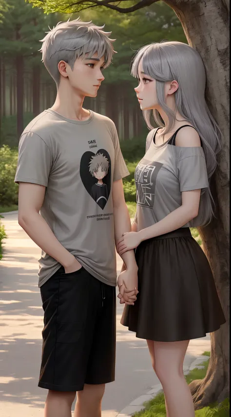 Two anime lovers looking at each other hand in hand girl hair color grey, boy hair color t-shirt boy black with a bit of brown  boy looking girl eye contact tree  nature background girl boy heart