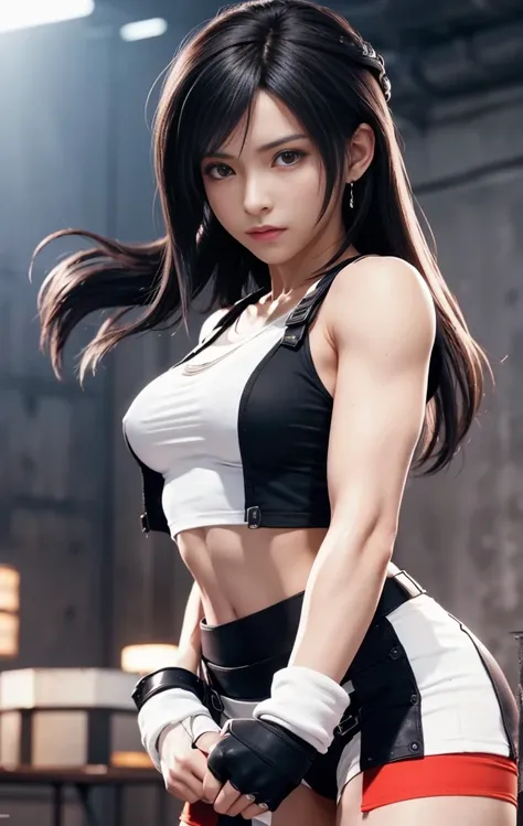 (best quality,ultra-detalhado),(Realistic:1.37),Tifa Lockhart,Rosto bonito e detalhado, expression serious, textura ultra realista, rosto delicado, corpo delicado, Fit physique