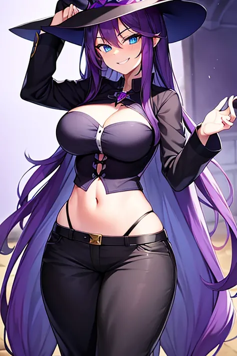 Breasts, witch, purple hair, blue eyes, long hair, witch hat, shadows, darkness, dark, magic, smile, smug, shirt, pants, wide hips, black clothes, black hat