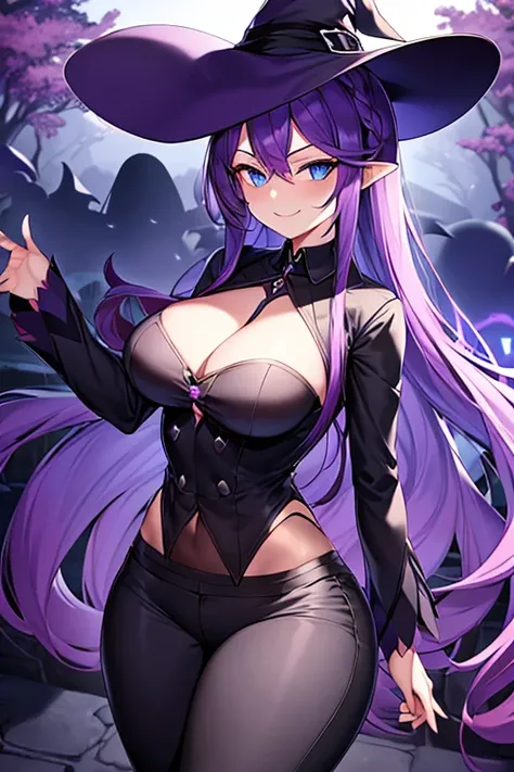 Breasts, witch, purple hair, blue eyes, long hair, witch hat, shadows, darkness, dark, magic, smile, smug, shirt, pants, wide hips, black clothes, black hat