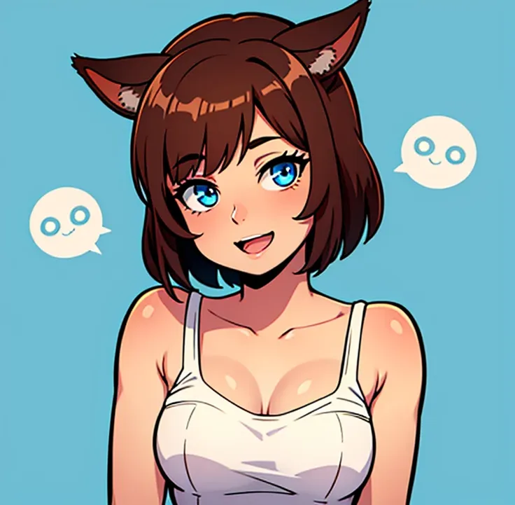 blue eyes, brown hair, miqo&#39;te, cat ears, short hair, happy