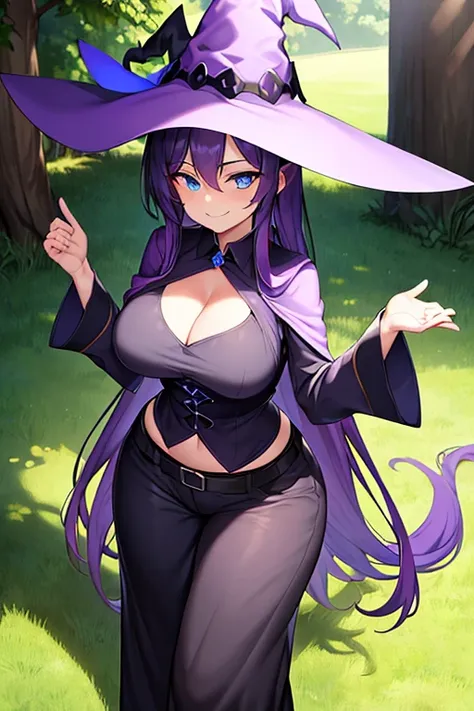 Breasts, witch, purple hair, blue eyes, long hair, witch hat, shadows, darkness, dark, magic, smile, smug, shirt, pants, wide hips, black clothes, black hat