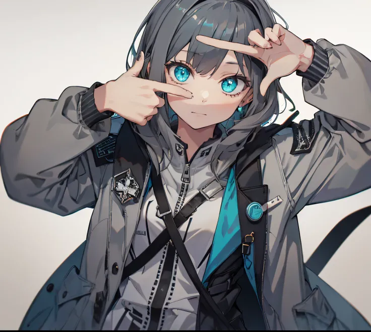 (masutepiece:1.2, Best Quality), 1 girl in, Turquoise eyes, front facing, jet-black hair, Jacket,(Gray white background:1.7),finger frame,