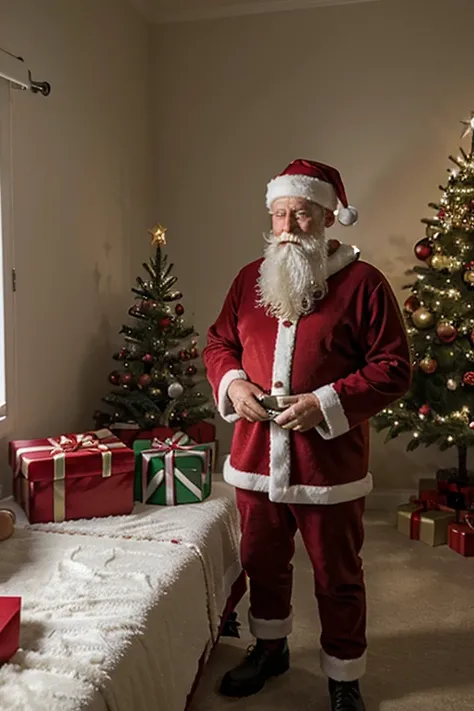 Santa Claus next to a Christmas tree leaving gifts in a small decorated room