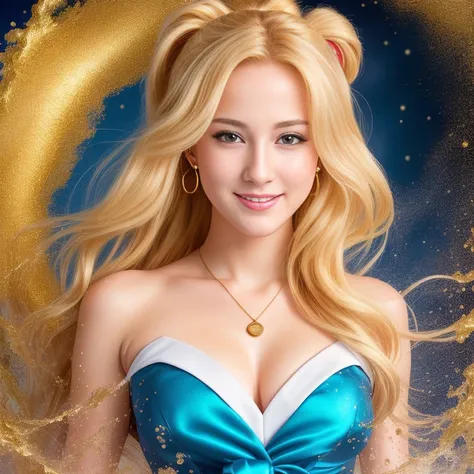 (best quality, extremely detailed, Raw photography,,4k,8k,high res,masterpiece:1.2),ultra-detailed, photorealistic, full body shot,soaked,golden blonde, hair in classic Odango style,Mature and beautiful, realistic portrayal:1.2 Sailor Moon posing as if she...