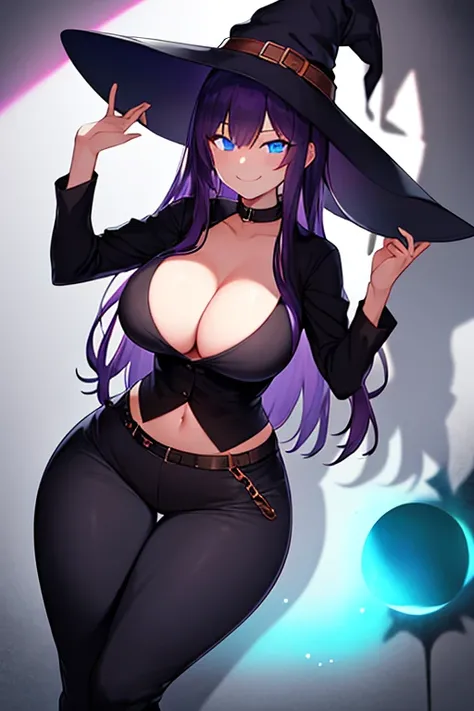 Breasts, witch, purple hair, blue eyes, long hair, witch hat, shadows, darkness, dark, magic, smile, smug, shirt, pants, wide hips, black clothes, black hat, glowing eyes