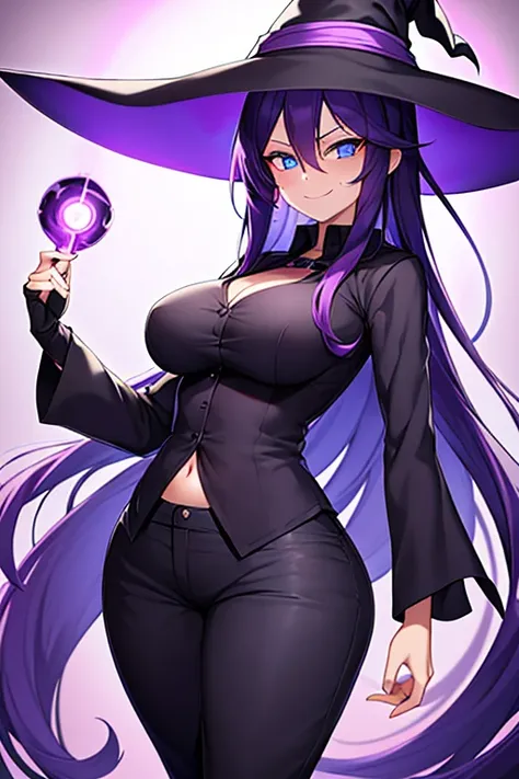 Breasts, witch, purple hair, blue eyes, long hair, witch hat, shadows, darkness, dark, magic, smile, smug, shirt, pants, wide hips, black clothes, black hat, glowing eyes