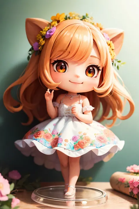 photoRealstic、Nendroids in wedding dress standing in front of the painting、A smile、kawaii pose、watercolor Nendoroid、(High Definition Figure)、Flowing iridescent silk、up of face、Eye Up、heart、Floral dress、There are also flowers in front of the nendroids、flowe...