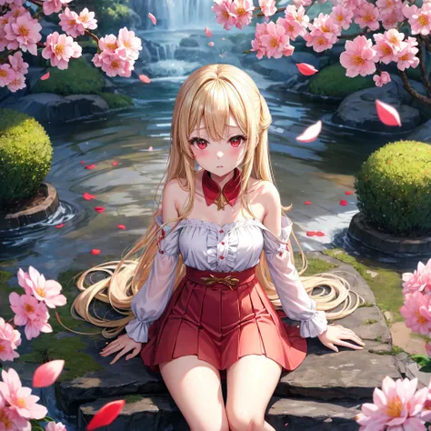 a blond、red eyes、One pretty girl、独奏、animesque、lightly dressed、a miniskirt、sitting on、flower petals、bare-legged、Sateen、wetting hair