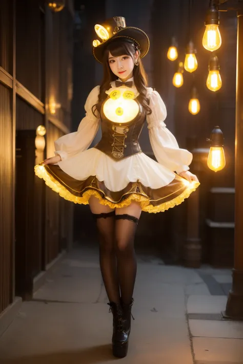 Female idol covered in light bulbs（cute steampunk costume）、Looks fun、full body Esbian、、Luminescent、yellow、light bulb hat