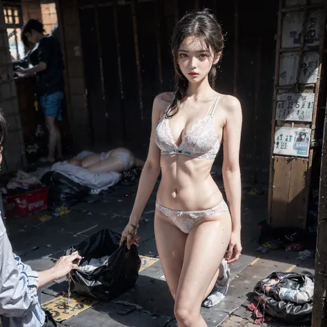 Slum scene(1:3)，Resident Evil，best qualtiy，Full body like(1:1)，Refined face，18-year-old girl，Slim body，Smaller bust，White transparent erotic underwear，Looming，Panties to the crotch，Garbage all over the ground(6:1)，greasy(5:1)，Sweat Wet(5:1)，grimy(10:1)