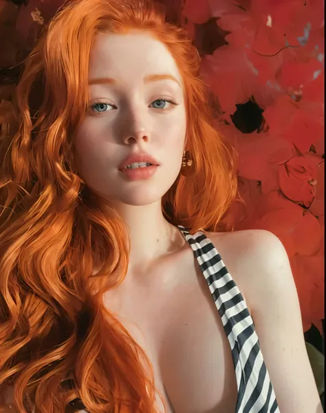 arafed woman with red hair and a stripped dress posing for a picture, with pale skin, orange skin and long fiery hair, red head, ginger wavy hair, redhead girl, with curly red hair, ginger hair, flowing ginger hair, red haired goddess, amouranth, she is re...