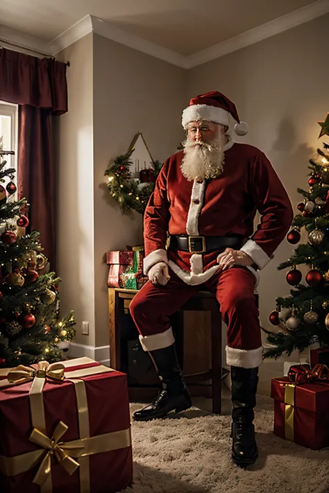 Santa Claus next to a Christmas tree leaving gifts in a small decorated room