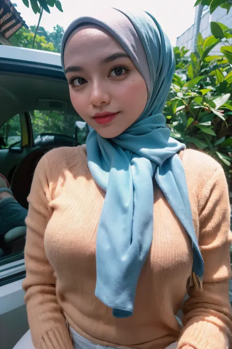 Malay girl in hijab wear big oversized loose blouse and high waist loose cotton pants, pastel color, seating, wear back pack, front view, detail skin, detail skin texture, mole below eyes, small breast, big hip, big waist, big thigh, slim abs, beautiful bo...