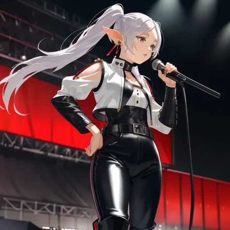 Frieren, twintails, earrings, small tits, white blouse, black leather vest, black leather pants, red boots, concert