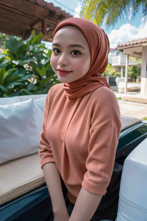 Malay girl in hijab wear big oversized loose blouse and high waist loose cotton pants, pastel color, seating, wear back pack, front view, detail skin, detail skin texture, mole below eyes, small breast, big hip, big waist, big thigh, slim abs, beautiful bo...