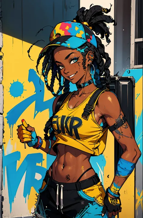 a black girl graffiti artist, DJ, Music, Black and blue hair dreads, music urban, snapback hat, vigilante, vibrant fan art, backpack, hip-hop, tank top, headphones on ear, spray paint cans accessories, music, sexy, tight clothing smiling, fit, hot, sweaty,...