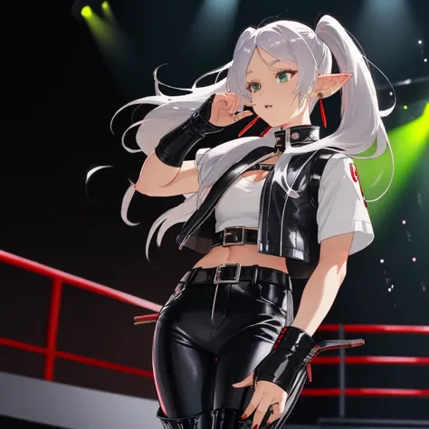 Frieren, twintails, earrings, small tits, white blouse, black leather vest, black leather pants, red boots, concert