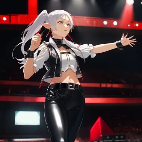 Frieren, twintails, earrings, small tits, white blouse, black leather vest, black leather pants, red boots, concert