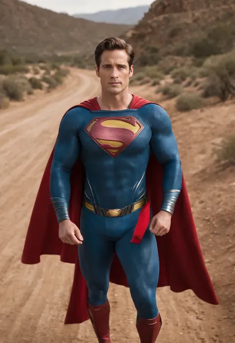 a man in a superman costume standing on a dirt road, textless, justin hartley as superman, dwayne johnson as superman, superman pose, superman, superman costume, herry cavill, nicholas cage as superman, nicolas cage as superman, henry cavill!!!, full body ...