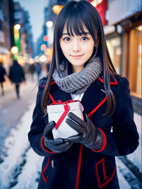 (Close up portrait of dark silver long hair with swept bangs girl in winter coat and scarf:1.5)、(One girl hold a Valentine gift in hands with gloves on the street in Japan at snowy night with shy smile:1.5)、( Blurry background,:1.5)、(Perfect Anatomy:1.3)、(...