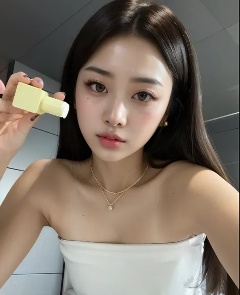 araffe asian woman in a white dress holding a yellow object, popular south korean makeup, popular korean makeup, blackpink jennie, dilraba dilmurat, beautiful south korean woman, gorgeous young korean woman, clear lips and high quality, ulzzang, beautiful ...