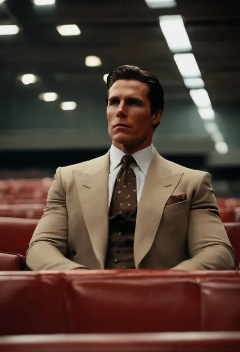 The image is of Patrick sitting in a private box at a high-stakes boxing match, with a cold and unfeeling expression as he watches the violent spectacle.,American Psycho,Patrick is a tall, tan, muscular man with slicked back brown hair, and an expensive su...