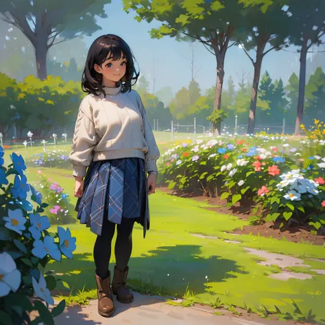 (High quality, High resolution, Ultra-detailed, Realistic:1.37), peaceful ambiance, (plein air, garden), Teenage girl standing alone, Beautiful detailed features, Cute smile, (Black bob hair), Ribbed sweater, blue plaid skirt, Black tights, Brown boots.