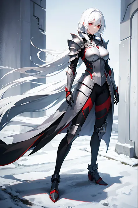 1woman, white hair, red eyes, knight armor, standing on ground, high res, ultra sharp, 8K, masterpiece