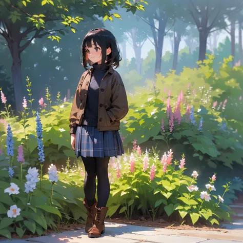 (High quality, High resolution, Ultra-detailed, Realistic:1.37), peaceful ambiance, (plein air, garden), Teenage girl standing alone, Beautiful detailed features, Cute smile, (Black bob hair), Ribbed sweater, blue plaid skirt, Black tights, Brown boots.