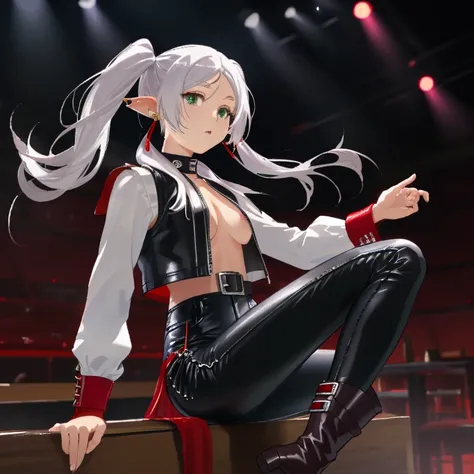 Frieren, twintails, earrings, small tits ,white shirt, open shirt,black leather vest, black leather pants, red boots, concert, restaurant,