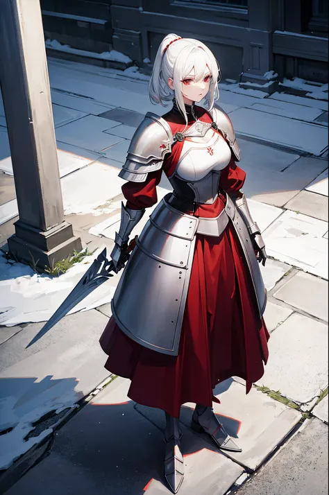 1woman, white hair, red eyes, knight armor, standing on ground, high res, ultra sharp, 8K, masterpiece