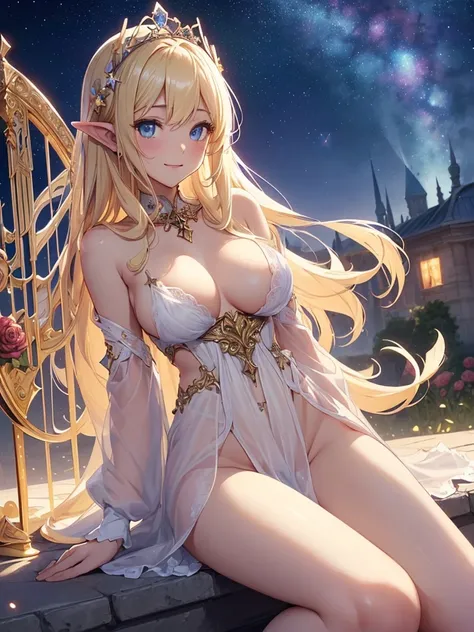 top-quality、Top image quality、​masterpiece、Full body naked girl((24 year old、Best Bust、big bast、Bust 90,Beautiful blue eyes、,Blonde long hair、A slender、a closeup、Esbian、beautiful tiara、hiquality、Beautiful Art、Background with((starrysky)))masutepiece、visual...