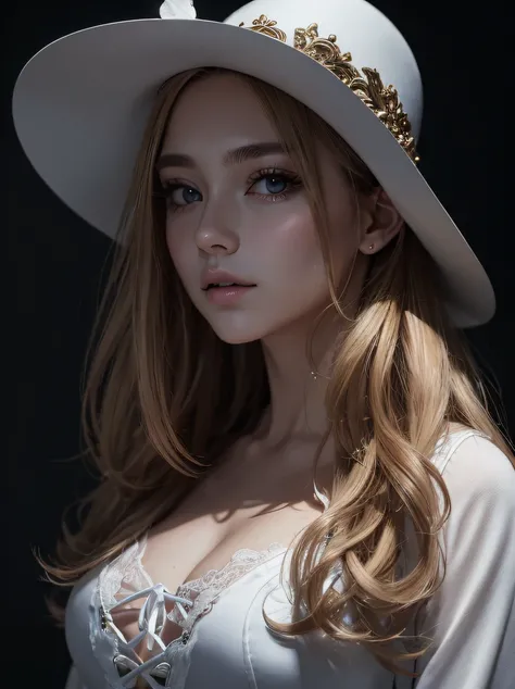 hightquality、hight resolution、​masterpiece、foco nítido、photographrealistic、Raw photography、lighting like a movie、Photorealistic portrait of stunningly beautiful woman、cowboy  shot、upper body of blonde woman、Frontal lighting、face lights、High brightness、deta...