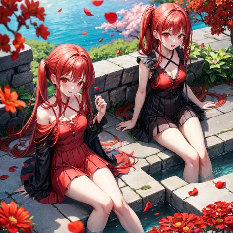 Red-haired、red eyes、1 pretty girl、animesque、lightly dressed、a miniskirt、sitting on、flower petals、bare-legged、wetting hair、sullenness