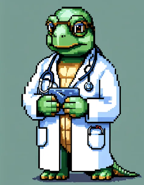 (pixel art:1.3), (solo:1.3), ((highly intelligent turtle doctor)) adorned in a white lab coat and stethoscope, the doctor's clin...